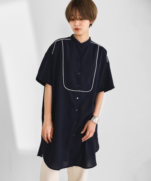 Bou Jeloud（ブージュルード）の「トロピカルサテンパイピングブラウス（シャツ/ブラウス・レディース・パープル/ネイビー/オフホワイト/ミント・FREE）」の9枚目の写真
