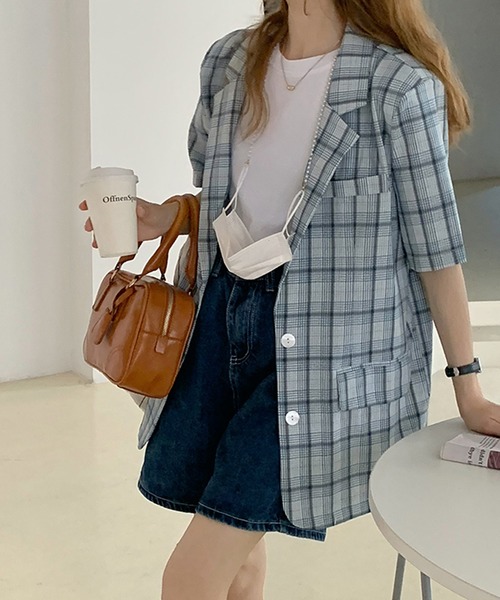 Jewelobe(ジュエローブ)の「オーバーサイズチェックチェスタージャケット(テーラードジャケット・レディース・グレー/グリーン・FREE)」の7枚目の写真