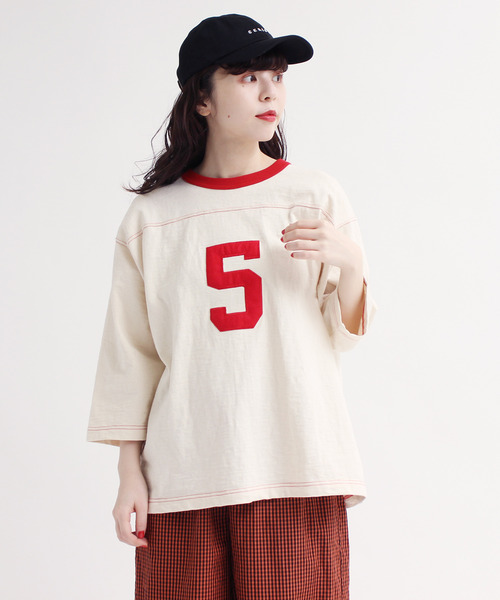 CHILD WOMAN(チャイルドウーマン)の「10/-オールドヴィンテージ天竺フットボールロンT(Tシャツ/カットソー・レディース・レッド/ブラック・FREE)」の1枚目の写真