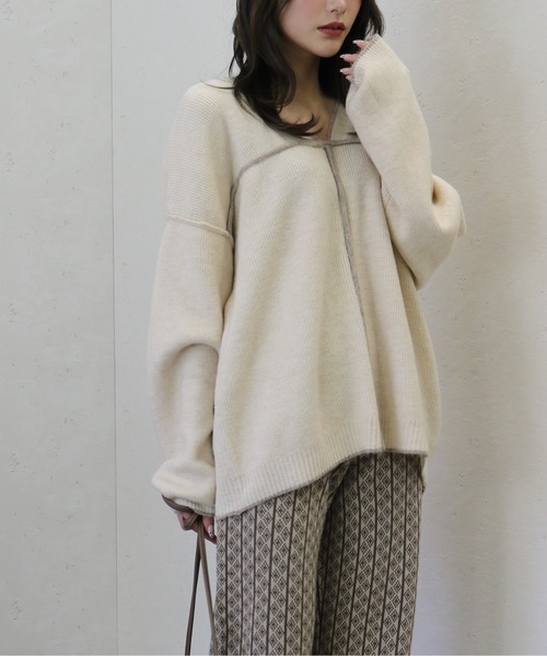 Per sist ence(パーシエンス)の「Per sist ence/パーシエンス 総針配色パイピング Vネックニット(ニット/セーター・レディース・ブラウン/グレイッシュベージュ/ブラック/アイボリー・FREE)」の2枚目の写真