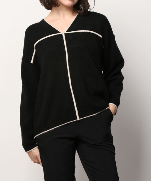 Per sist ence(パーシエンス)の「Per sist ence/パーシエンス 総針配色パイピング Vネックニット(ニット/セーター・レディース・ブラウン/グレイッシュベージュ/ブラック/アイボリー・FREE)」の1枚目の写真