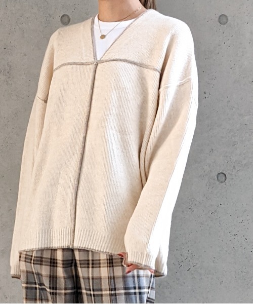 Per sist ence(パーシエンス)の「Per sist ence/パーシエンス 総針配色パイピング Vネックニット(ニット/セーター・レディース・ブラウン/グレイッシュベージュ/ブラック/アイボリー・FREE)」の7枚目の写真