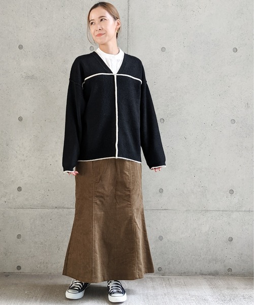 Per sist ence(パーシエンス)の「Per sist ence/パーシエンス 総針配色パイピング Vネックニット(ニット/セーター・レディース・ブラウン/グレイッシュベージュ/ブラック/アイボリー・FREE)」の18枚目の写真