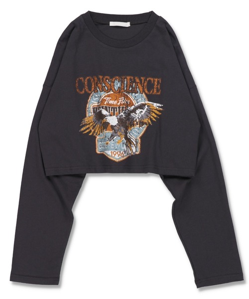 SPINNS（スピンズ）の「ショート丈イーグルプリント長袖Tシャツ（Tシャツ/カットソー・レディース・スミクロ・ONESIZE）」の8枚目の写真