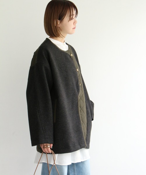 notch.（ノッチ）の「アシメキルト切替ジャケット（ノーカラーコート・レディース・ブラウン/ダークグレー・M）」の15枚目の写真