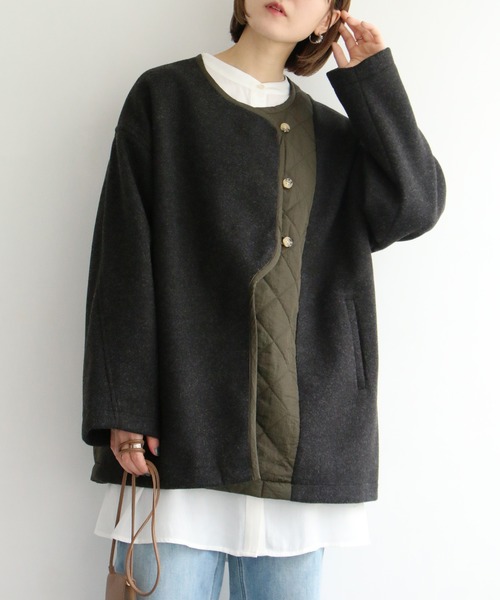 notch.（ノッチ）の「アシメキルト切替ジャケット（ノーカラーコート・レディース・ブラウン/ダークグレー・M）」の12枚目の写真