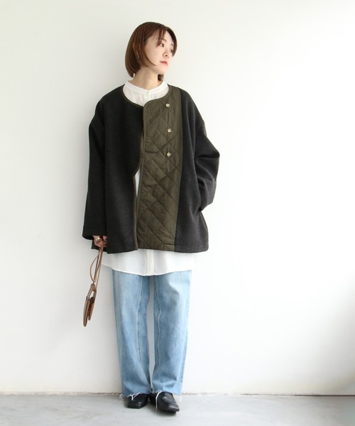 notch.（ノッチ）の「アシメキルト切替ジャケット（ノーカラーコート・レディース・ブラウン/ダークグレー・M）」の6枚目の写真