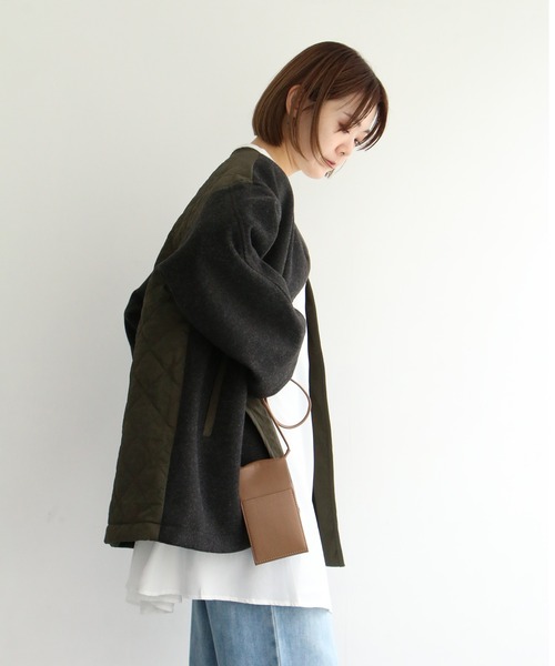 notch.（ノッチ）の「アシメキルト切替ジャケット（ノーカラーコート・レディース・ブラウン/ダークグレー・M）」の3枚目の写真
