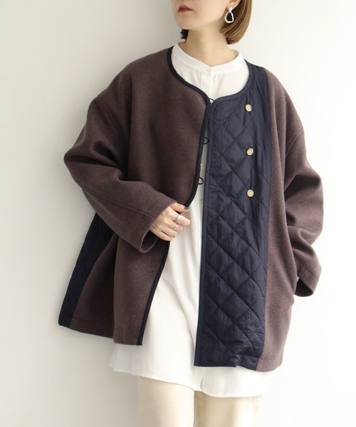 notch.（ノッチ）の「アシメキルト切替ジャケット（ノーカラーコート・レディース・ブラウン/ダークグレー・M）」の7枚目の写真