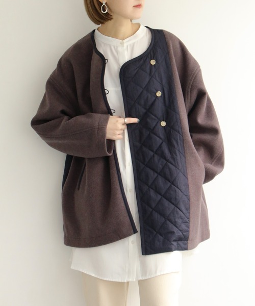 notch.（ノッチ）の「アシメキルト切替ジャケット（ノーカラーコート・レディース・ブラウン/ダークグレー・M）」の20枚目の写真