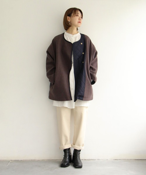 notch.（ノッチ）の「アシメキルト切替ジャケット（ノーカラーコート・レディース・ブラウン/ダークグレー・M）」の11枚目の写真