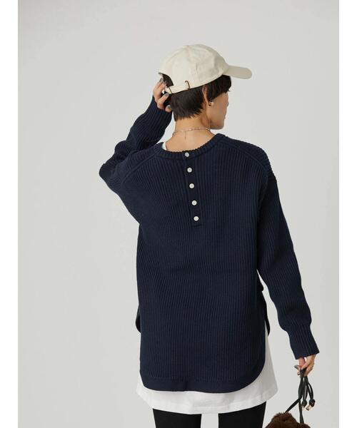 AMERICAN HOLIC（アメリカンホリック）の「バックボタン片畦ニットプルオーバー（ニット/セーター・レディース・ネイビー/オフホワイト/ライトグリーン・M/L）」の9枚目の写真