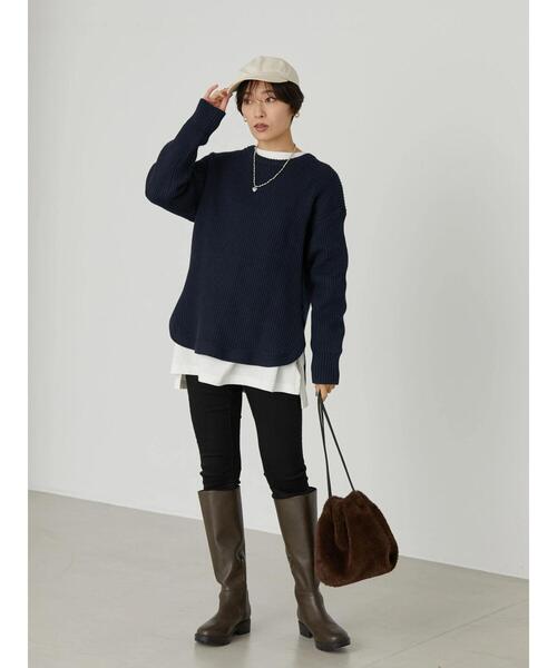 AMERICAN HOLIC（アメリカンホリック）の「バックボタン片畦ニットプルオーバー（ニット/セーター・レディース・ネイビー/オフホワイト/ライトグリーン・M/L）」の11枚目の写真