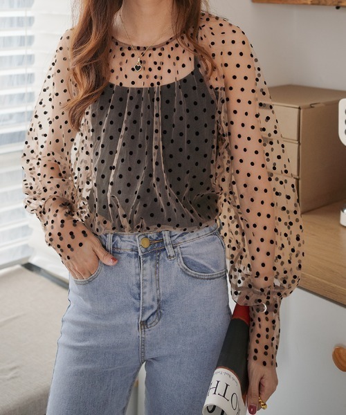 ABITOKYO（アビトーキョー）の「ボリューム袖ドットシアーブラウス（Tシャツ/カットソー・レディース・ブラック/グレー/ベージュ・FREE）」の6枚目の写真