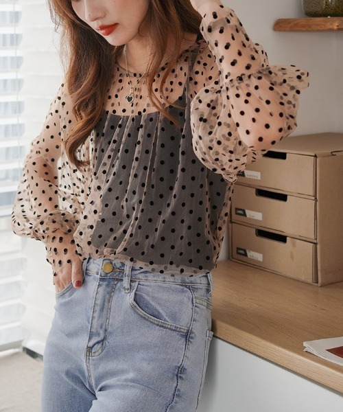ABITOKYO（アビトーキョー）の「ボリューム袖ドットシアーブラウス（Tシャツ/カットソー・レディース・ブラック/グレー/ベージュ・FREE）」の14枚目の写真
