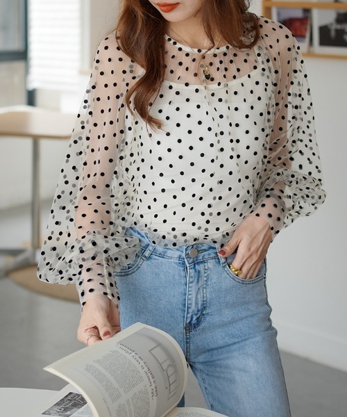 ABITOKYO（アビトーキョー）の「ボリューム袖ドットシアーブラウス（Tシャツ/カットソー・レディース・ブラック/グレー/ベージュ・FREE）」の16枚目の写真