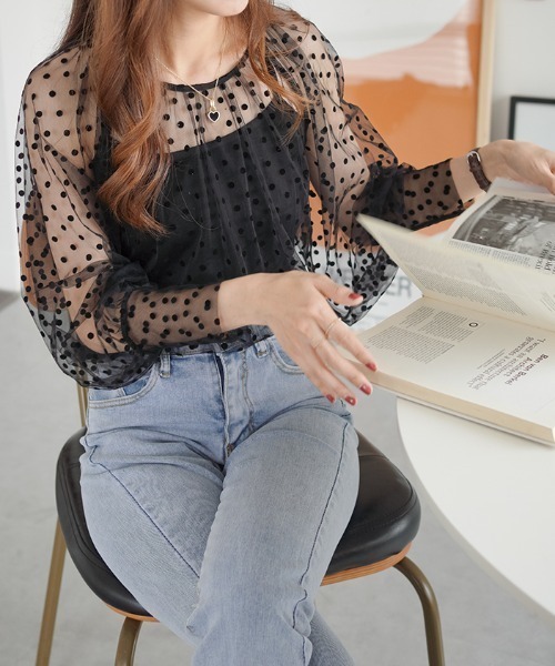 ABITOKYO（アビトーキョー）の「ボリューム袖ドットシアーブラウス（Tシャツ/カットソー・レディース・ブラック/グレー/ベージュ・FREE）」の12枚目の写真