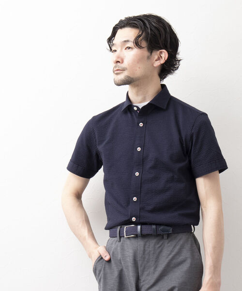 NOLLEY'S goodman(ノーリーズグッドマン)の「サッカーパラシュートボタン 半袖シャツ(シャツ/ブラウス・メンズ・オフホワイト/ネイビー/ライトブルー/ネイビー×ホワイト・S/M/L/XL/XXL)」の9枚目の写真