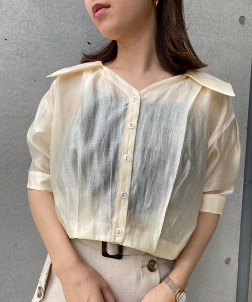 REDYAZEL（レディアゼル）の「シアークロップド半袖シャツ（シャツ/ブラウス・レディース・オフホワイト/オレンジ/ブルー/グリーン・FREE）」の5枚目の写真