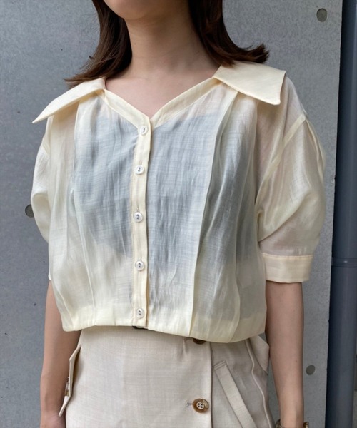 REDYAZEL（レディアゼル）の「シアークロップド半袖シャツ（シャツ/ブラウス・レディース・オフホワイト/オレンジ/ブルー/グリーン・FREE）」の9枚目の写真