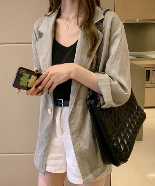 ANOTHER S(アナザーエス)の「マルチストライプ 春夏用薄手テーラージャケット(テーラードジャケット・レディース・ホワイト/グリーン・FREE)」の3枚目の写真
