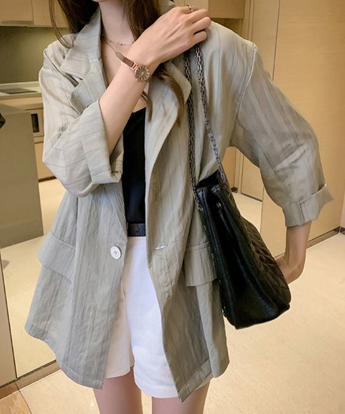 ANOTHER S(アナザーエス)の「マルチストライプ 春夏用薄手テーラージャケット(テーラードジャケット・レディース・ホワイト/グリーン・FREE)」の6枚目の写真