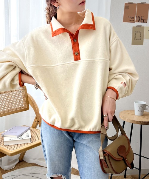 Java（ジャバ）の「《JaVa ジャバ別注》古着風MIXコーデに。配色フリースプルオーバー（スウェット・レディース・ブラック/イエロー/グリーン/アイボリー/グレー/アイボリー系1・SMALL/MEDIUM/LARGE/X-LARGE）」の8枚目の写真