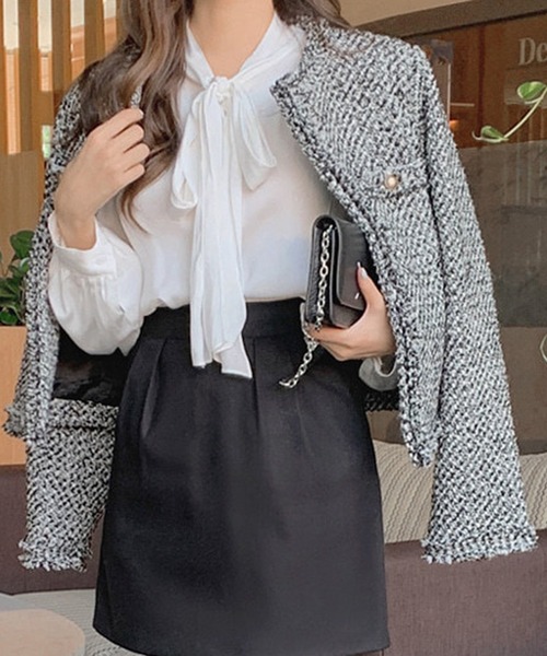 DAY CLOSET（デイ クローゼット）の「レディース レトロツイード風ノーカラーテーラードジャケット（テーラードジャケット・レディース・ホワイト/ブラック・ONE SIZE）」の4枚目の写真
