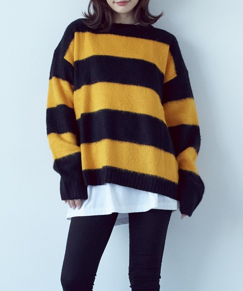 Bling Leads（ブリングリーズ）の「/Bling leads/クルーネックモヘアタッチオーバーサイズプルオーバー（ニット/セーター・レディース・チャコール/イエロー系/マスタード/ベージュ系/ブラック×ホワイト/グリーン系/グリーン/ライトグレー/グレー系/グリーン系1/ブラック×レッド/ブラック/ブルー・L/M）」の13枚目の写真