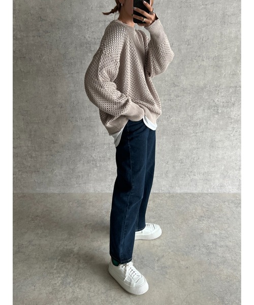 owndaily(オンデイリー)の「オーバーサイズメッシュニットプルオーバー(Tシャツ/カットソー・レディース・ブラック/ピンク/イエロー/ライトベージュ/グレイッシュベージュ・FREE)」の4枚目の写真
