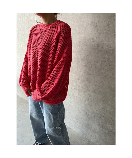 owndaily(オンデイリー)の「オーバーサイズメッシュニットプルオーバー(Tシャツ/カットソー・レディース・ブラック/ピンク/イエロー/ライトベージュ/グレイッシュベージュ・FREE)」の18枚目の写真