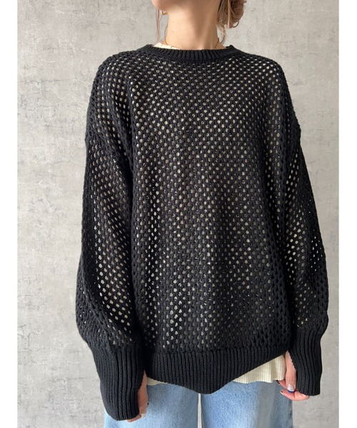 owndaily(オンデイリー)の「オーバーサイズメッシュニットプルオーバー(Tシャツ/カットソー・レディース・ブラック/ピンク/イエロー/ライトベージュ/グレイッシュベージュ・FREE)」の7枚目の写真