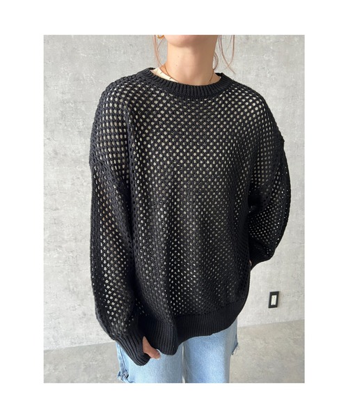 owndaily(オンデイリー)の「オーバーサイズメッシュニットプルオーバー(Tシャツ/カットソー・レディース・ブラック/ピンク/イエロー/ライトベージュ/グレイッシュベージュ・FREE)」の9枚目の写真
