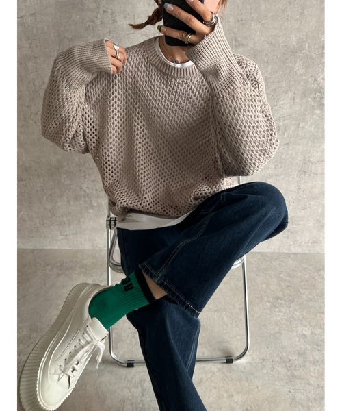 owndaily(オンデイリー)の「オーバーサイズメッシュニットプルオーバー(Tシャツ/カットソー・レディース・ブラック/ピンク/イエロー/ライトベージュ/グレイッシュベージュ・FREE)」の12枚目の写真