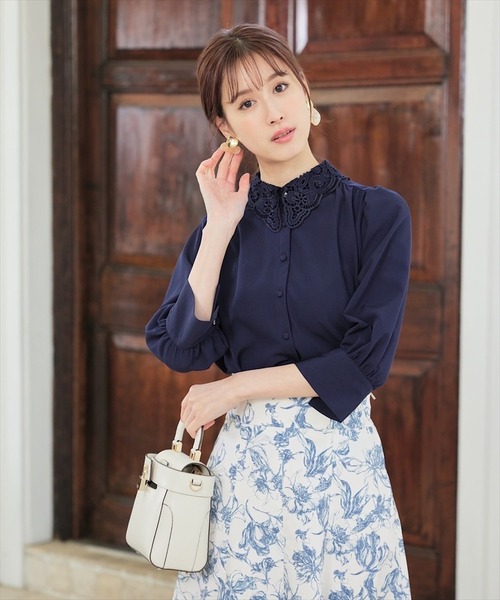 美品✨ルフィル ラウンドカラーブラウス シャツ トップス ブルー ルイルエブティック RUIRUE BOUTIQUE 洗える ストレッチ ｜ バンド