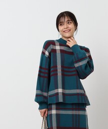 ◆【洗える/セットアップ可】レトロでシックなチェック柄 モックネック ジャカードニット