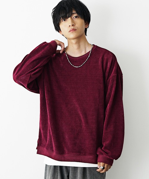 MinoriTY（マイノリティ）の「【MinoriTY】コーデュロイ＆スウェード生地ニットソートレーナー ヘンリーネック クルーネック スウェット メンズ ビッグシルエット オーバーサイズ ルーズフィット 秋服 冬服【MinoriTY】（スウェット・メンズ・ブルー/チャコール/アイボリー/モカ/グリーン/チャコールグレー/グレイッシュベージュ/キナリ/ネイビー/ブルー系その他/ベージュ系その他/レッド系その他/ワイン/グレー系その他・S/M/L）」の14枚目の写真