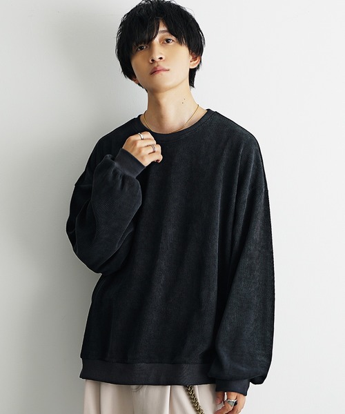 MinoriTY（マイノリティ）の「【MinoriTY】コーデュロイ＆スウェード生地ニットソートレーナー ヘンリーネック クルーネック スウェット メンズ ビッグシルエット オーバーサイズ ルーズフィット 秋服 冬服【MinoriTY】（スウェット・メンズ・ブルー/チャコール/アイボリー/モカ/グリーン/チャコールグレー/グレイッシュベージュ/キナリ/ネイビー/ブルー系その他/ベージュ系その他/レッド系その他/ワイン/グレー系その他・S/M/L）」の18枚目の写真