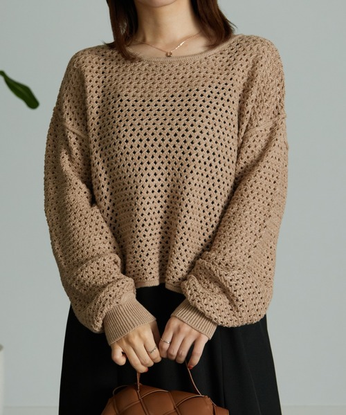 RANAN(ラナン)の「メッシュ透かし編みニット(ニット/セーター・レディース・ブラック/ベージュ/ブルー/オフホワイト・M/LL/L)」の1枚目の写真