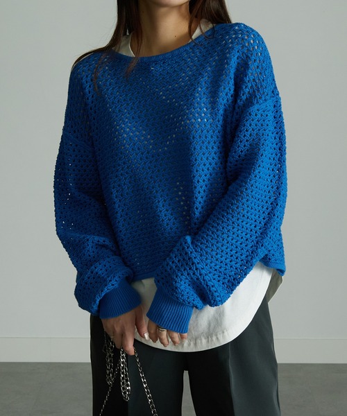 RANAN(ラナン)の「メッシュ透かし編みニット(ニット/セーター・レディース・ブラック/ベージュ/ブルー/オフホワイト・M/LL/L)」の4枚目の写真