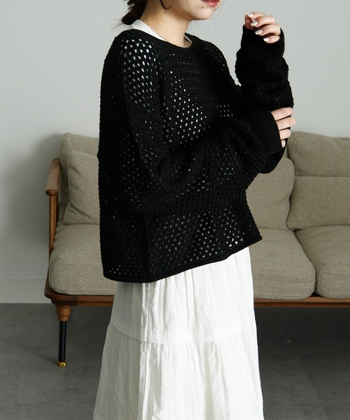 RANAN(ラナン)の「メッシュ透かし編みニット(ニット/セーター・レディース・ブラック/ベージュ/ブルー/オフホワイト・M/LL/L)」の18枚目の写真