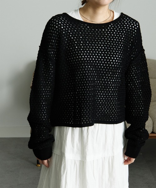 RANAN(ラナン)の「メッシュ透かし編みニット(ニット/セーター・レディース・ブラック/ベージュ/ブルー/オフホワイト・M/LL/L)」の20枚目の写真