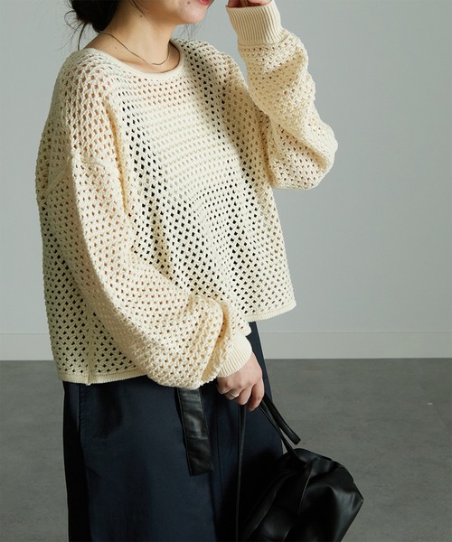 RANAN(ラナン)の「メッシュ透かし編みニット(ニット/セーター・レディース・ブラック/ベージュ/ブルー/オフホワイト・M/LL/L)」の10枚目の写真