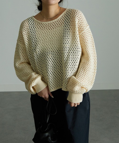 RANAN(ラナン)の「メッシュ透かし編みニット(ニット/セーター・レディース・ブラック/ベージュ/ブルー/オフホワイト・M/LL/L)」の12枚目の写真
