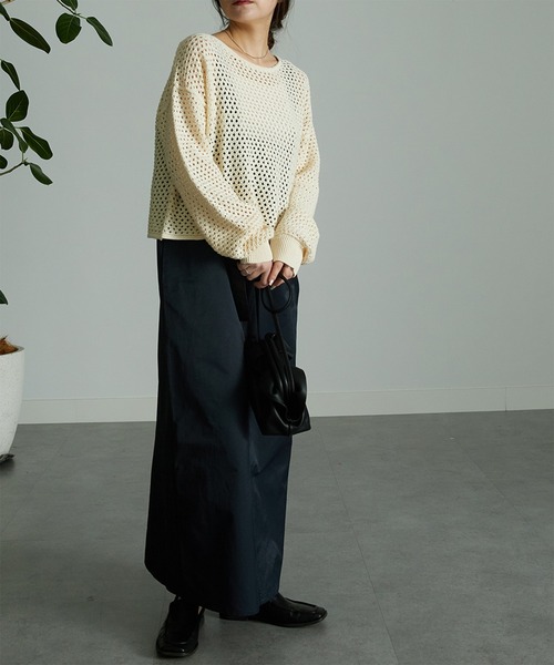 RANAN(ラナン)の「メッシュ透かし編みニット(ニット/セーター・レディース・ブラック/ベージュ/ブルー/オフホワイト・M/LL/L)」の13枚目の写真