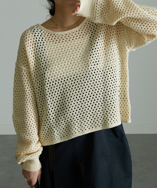 RANAN(ラナン)の「メッシュ透かし編みニット(ニット/セーター・レディース・ブラック/ベージュ/ブルー/オフホワイト・M/LL/L)」の14枚目の写真