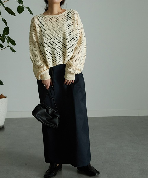 RANAN(ラナン)の「メッシュ透かし編みニット(ニット/セーター・レディース・ブラック/ベージュ/ブルー/オフホワイト・M/LL/L)」の15枚目の写真