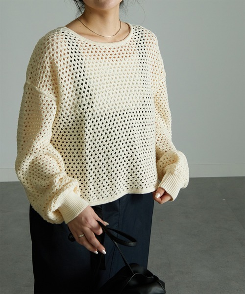 RANAN(ラナン)の「メッシュ透かし編みニット(ニット/セーター・レディース・ブラック/ベージュ/ブルー/オフホワイト・M/LL/L)」の16枚目の写真