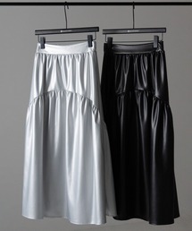【 2color 】メタリックフェイクレザーギャザーフレアスカート / metallic fake leather gather flare skirt