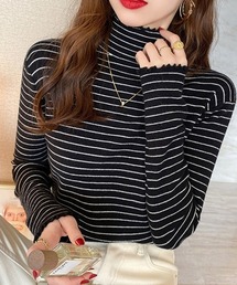 ボーダー柄ニットトップス 韓国ハイネック